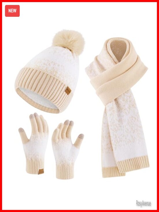Winter Beanie Hat Touchscreen Gloves Long Scarf 3 Set Fleece Lined Knit Skull